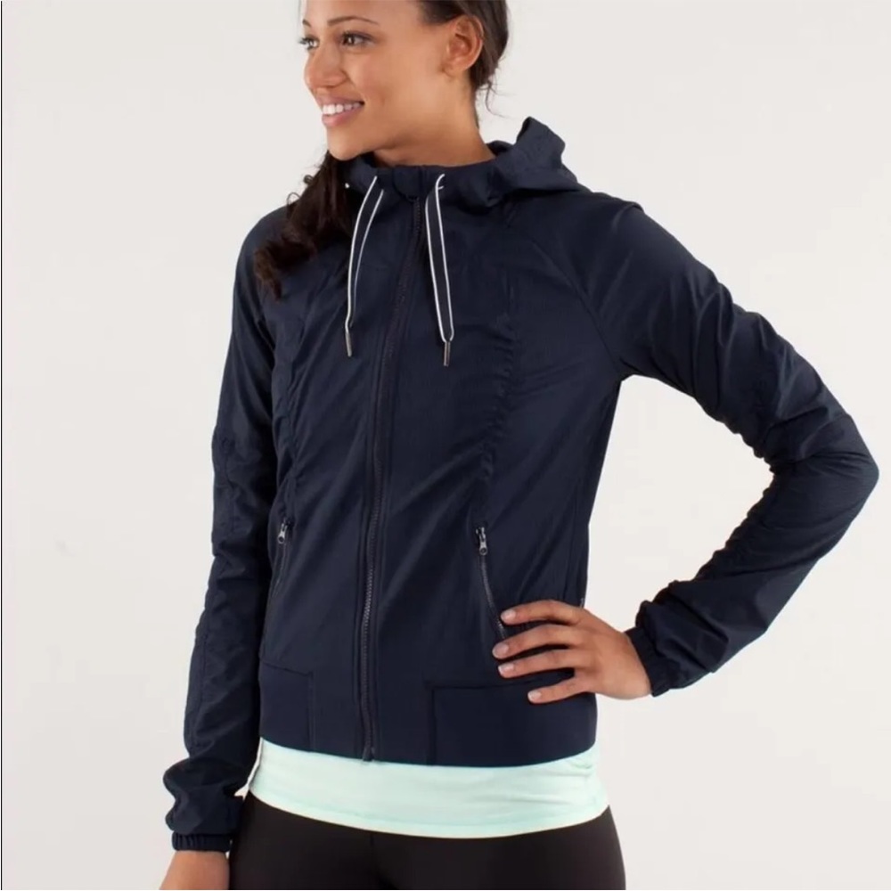 Lululemon Navy Blue scuba Zip Up Hoodie Yoga running Track Jacket Size 4